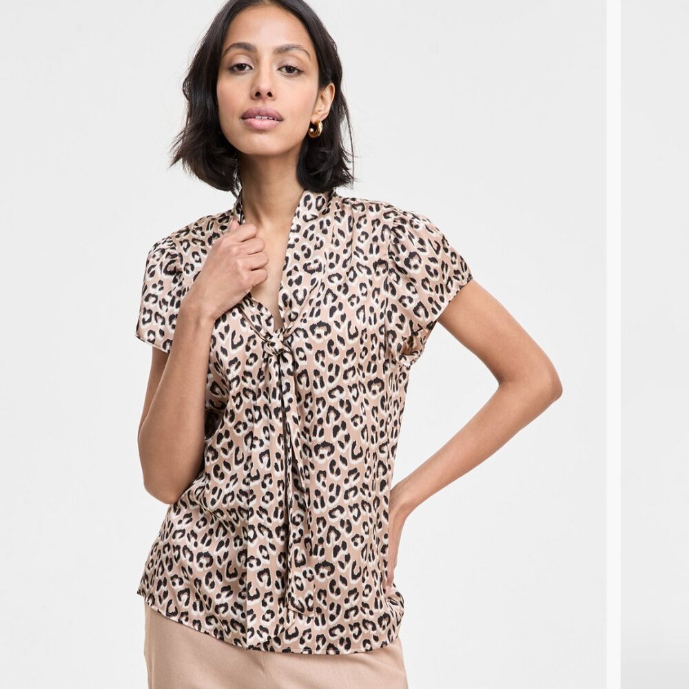 Bar III Womens Satin Animal-Print Bow Blouse,